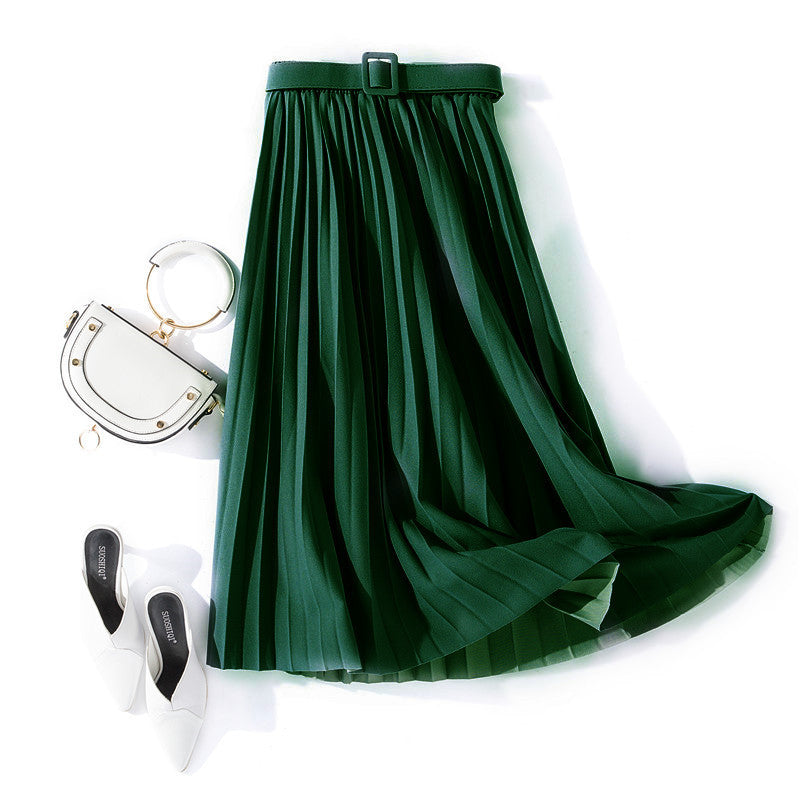 Solid Color Simple Organ Pleated Skirt Mid-length Skirt