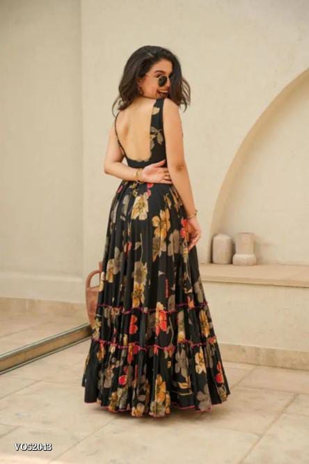 SCnx 1123: Digital Printed Pure Jimmy Organza Silk Anarkali Gown - 7+ Meter Flair | Fully Stitched