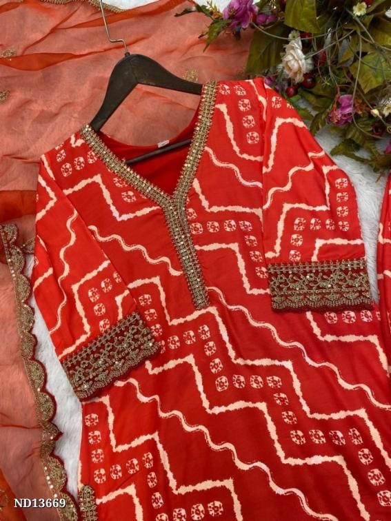 er Fancy Wear Maslin Printed and Cording Sequence Work Top and Pant with Dupatta