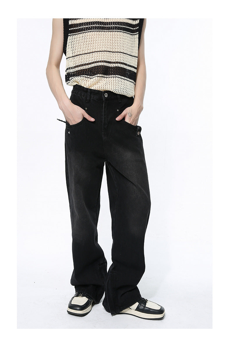 Straight Wide Leg Black Denim Fashionable Trousers