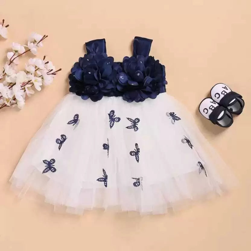 Baby Girls Midi/Knee Length Party Dress  Frock  (Sleeveless) Blue & White