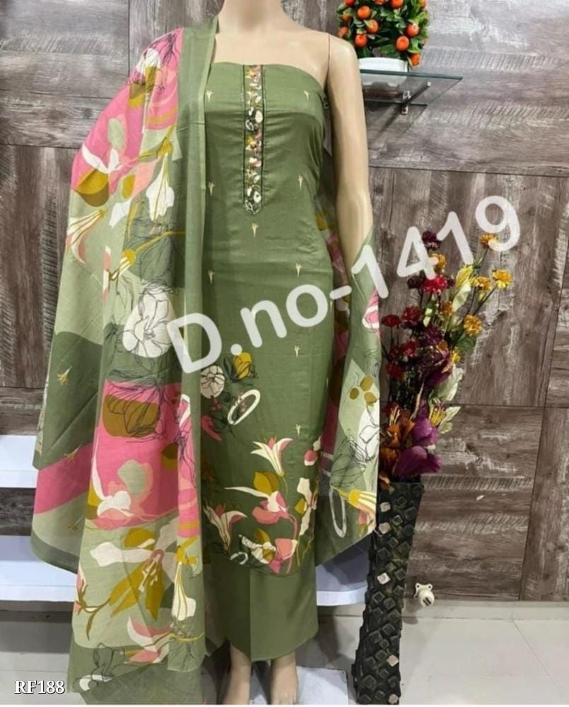 Pure Cotton Dress Material with Embroidery Work and Fancy Print - Top, Bottom, and Dupatta Set