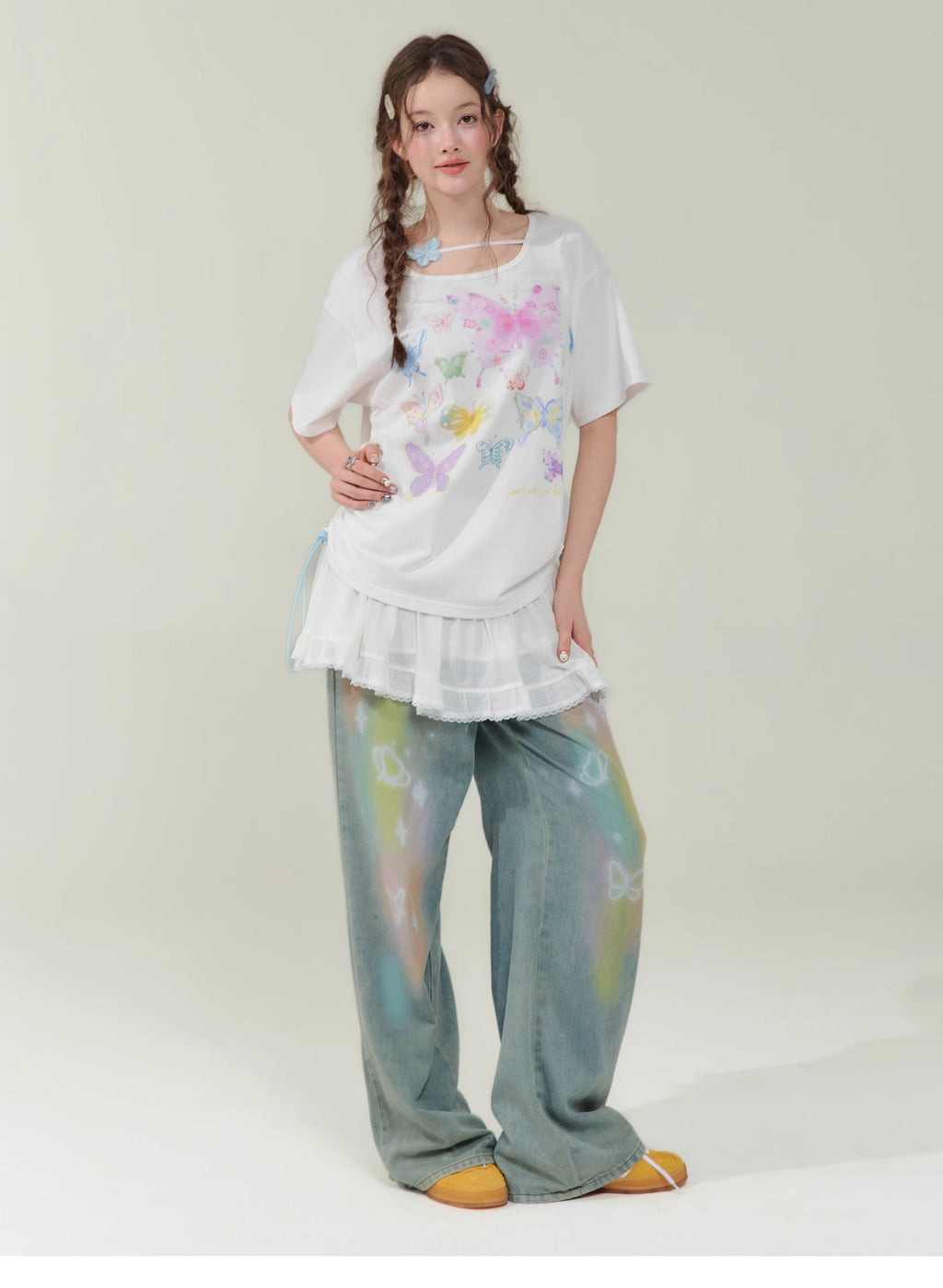 Retro Colorized Butterfly High Waist Wide Leg Straight Jeans