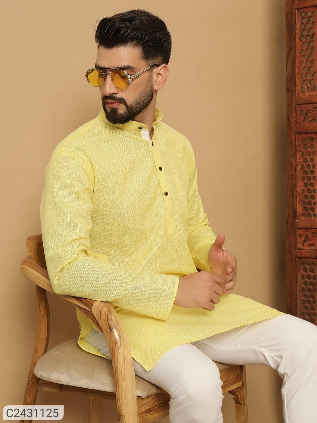 Men's Cotton Solid Kurta Pyjama Set   Yellow