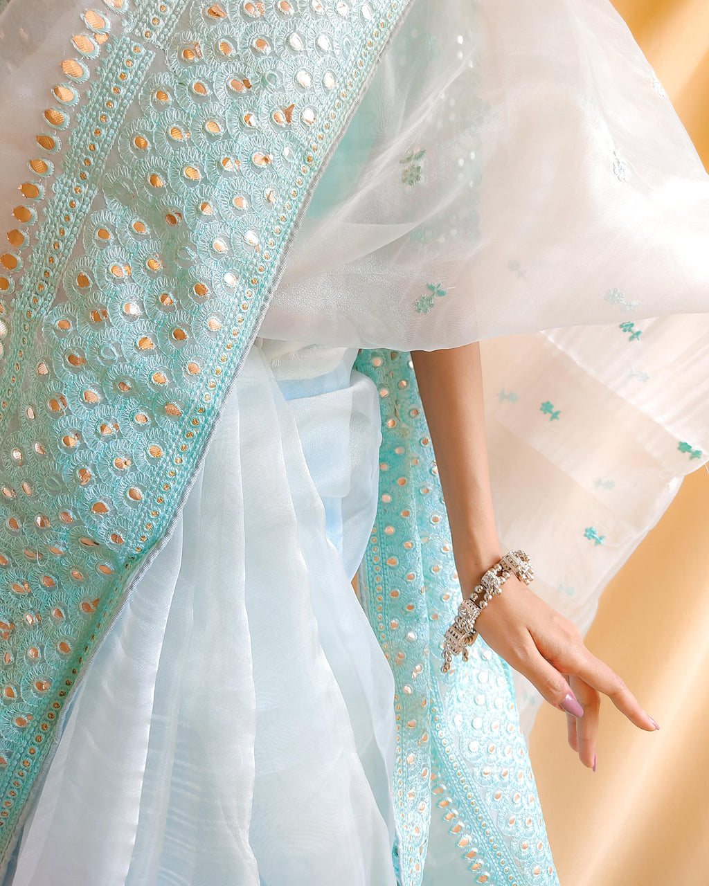 Semi-Pure Organza Saree with Foil Glass Work & Heavy Embroidery | Includes Matching Plain Silk Blouse