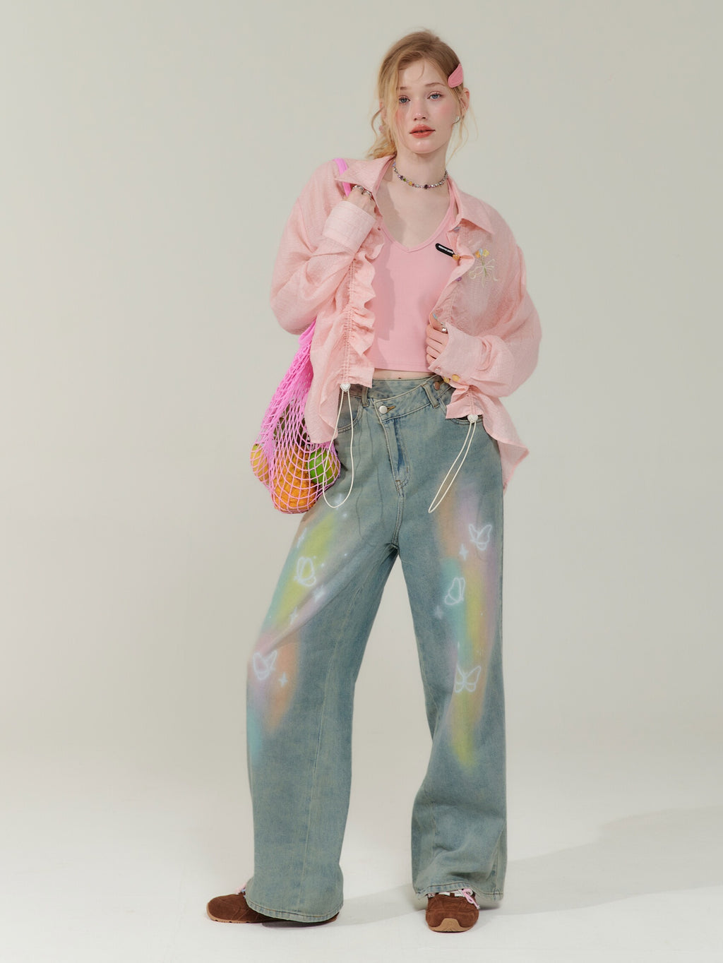 Retro Colorized Butterfly High Waist Wide Leg Straight Jeans