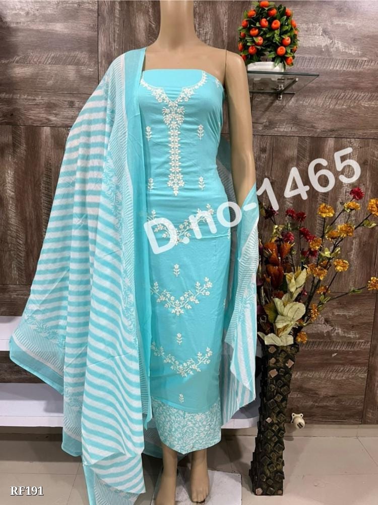 Pure Cotton Dress Material with Embroidery Work and Fancy Print - Top, Bottom, and Dupatta Set