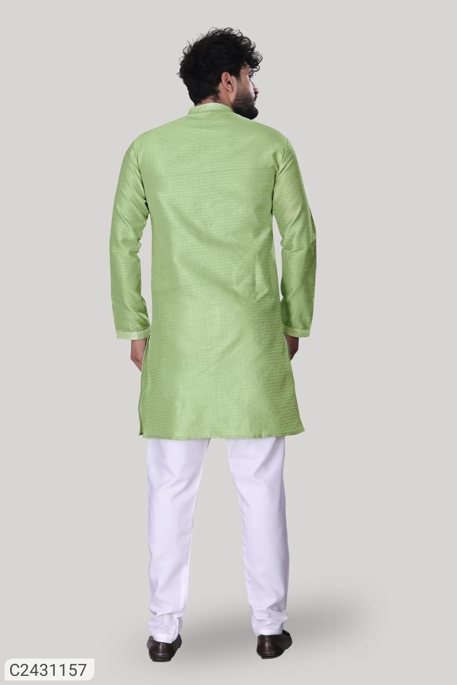 Men's Jacquard Solid Kurta Pyjama Set – Green