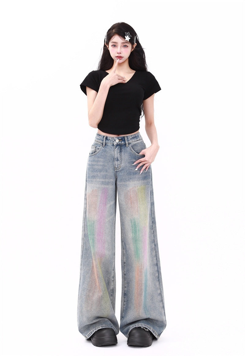 Colorful Fashion Casual Retro High Waist Loose Wide Legs Jeans