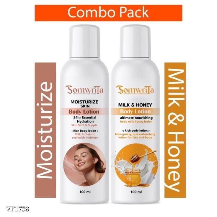 Somwrita Moisturise & Milk & Honey Body Lotion Combo | Non-Greasy Daily Moisturizer for Dry Skin | Glowing Skin for Men & Women - 200ml (Pack of 2)