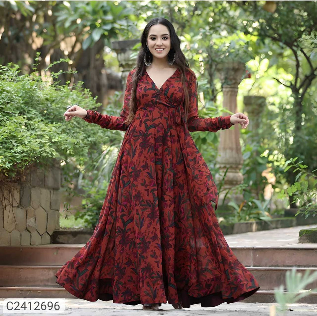 Women's Georgette Floral Print Flared Gown - Elegant & Comfortable