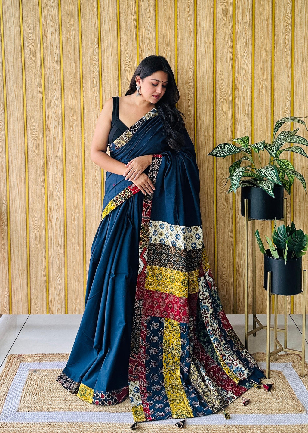 Natural Handblock Printed Cotton Saree – Patchwork & Hand-Dyed Elegance 03