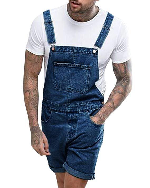 Retro Men's Denim With Hole Shorts One-piece Working Bib Top Pants