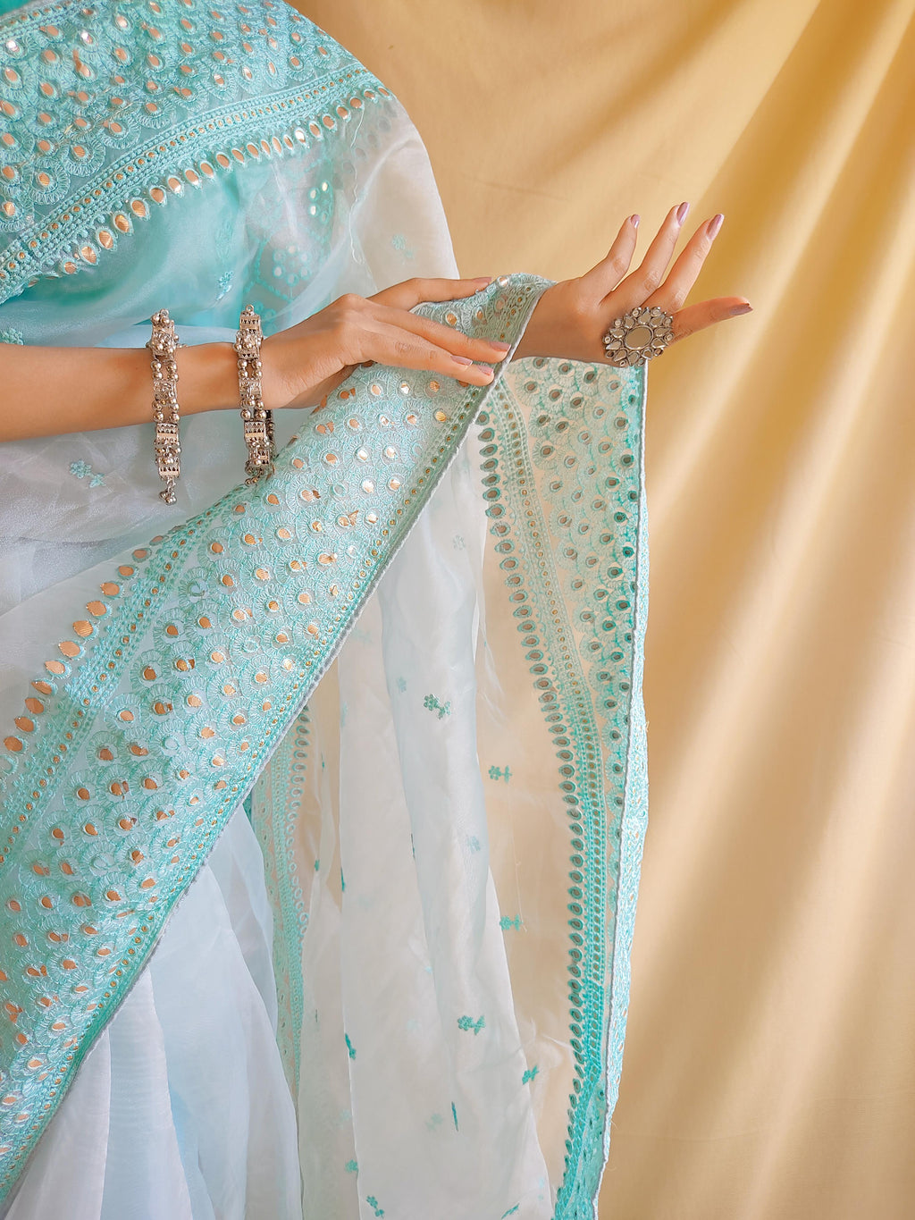 Semi-Pure Organza Saree with Foil Glass Work & Heavy Embroidery | Includes Matching Plain Silk Blouse