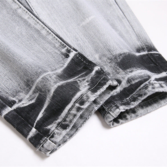 Street Youth Slim Stretch Hole Patch Embroidery Gray party pants