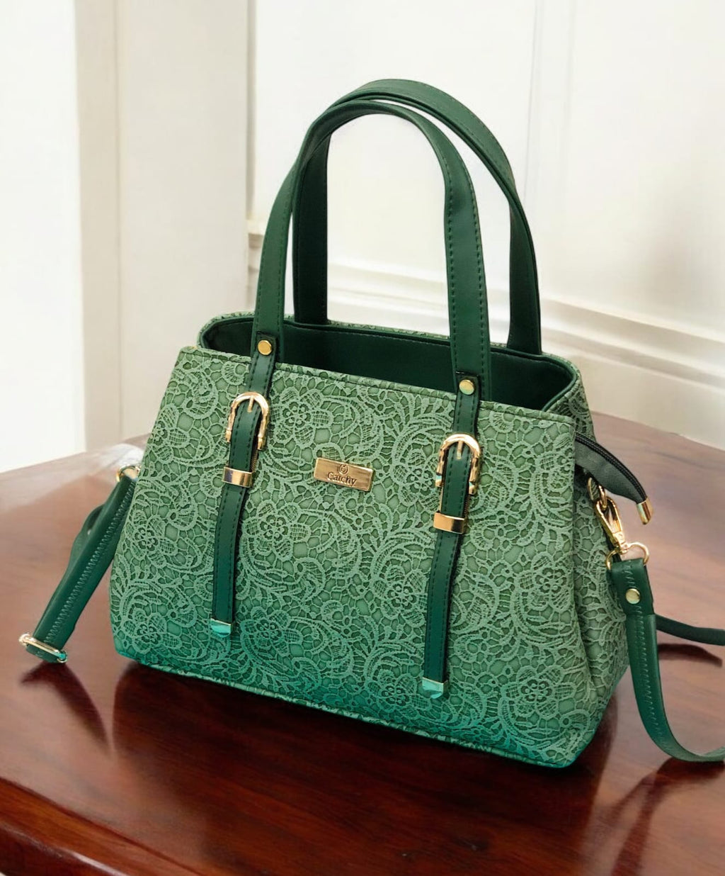 Stylish Printed Leather Sling Handbag | High-Quality with 3 Compartments -Green