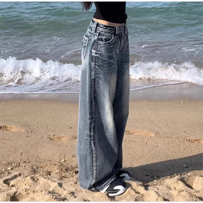 Distressed Straight Wide Leg Vintage Blue High Waist Jeans For Women