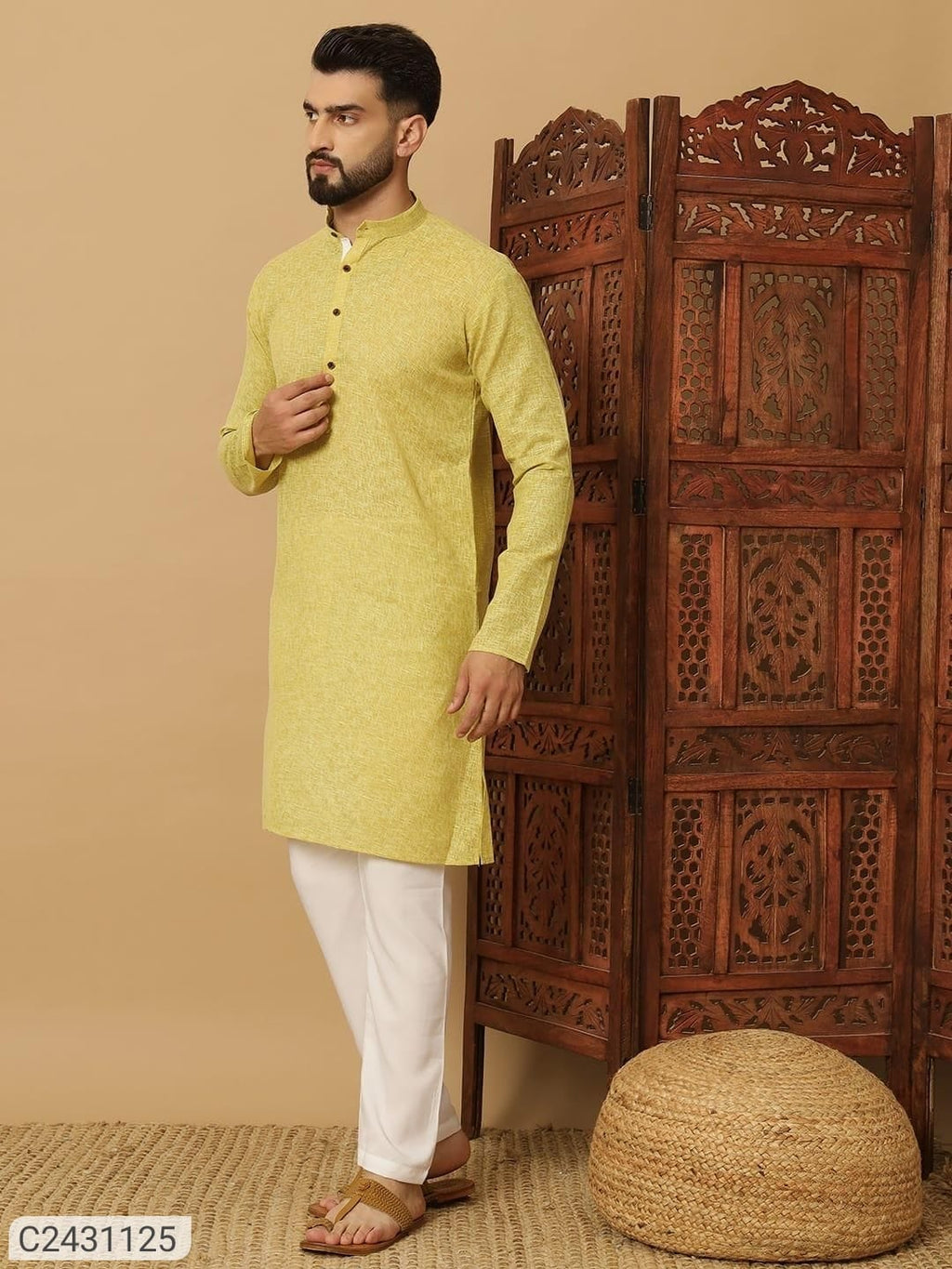 Men's Cotton Solid Kurta Pyjama Set   Yellow