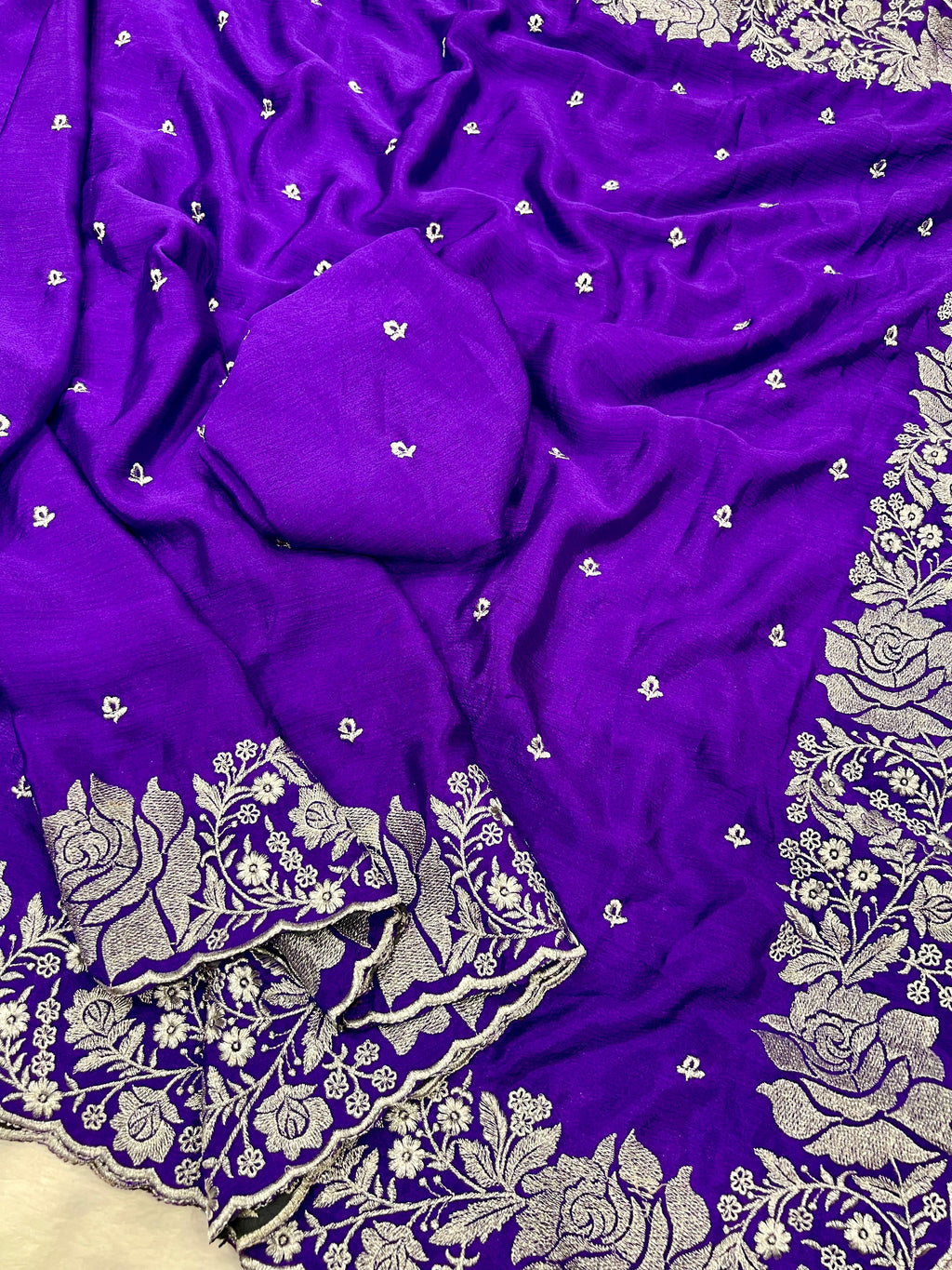 Chinon Multi Embroidery Work Saree with Matching Embroidered Blouse No 12