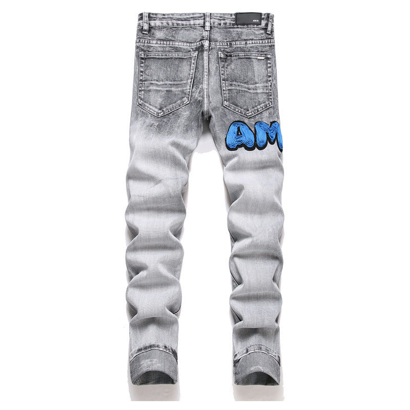 Street Youth Slim Stretch Hole Patch Embroidery Gray party pants