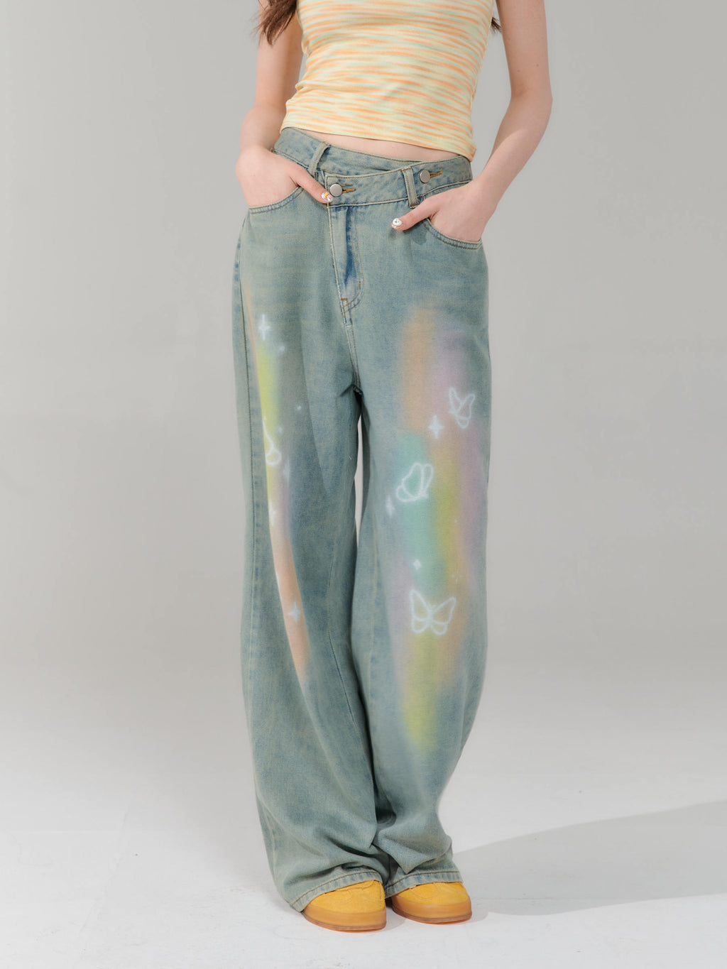 Retro Colorized Butterfly High Waist Wide Leg Straight Jeans