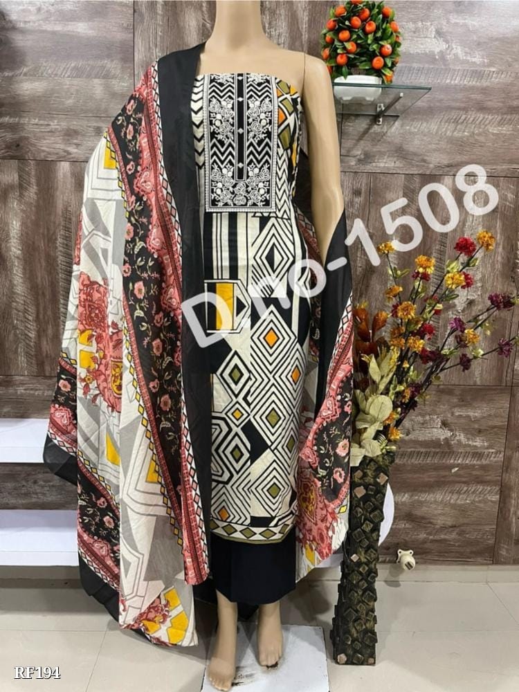 Pure Cotton Dress Material with Embroidery Work and Fancy Print - Top, Bottom, and Dupatta Set