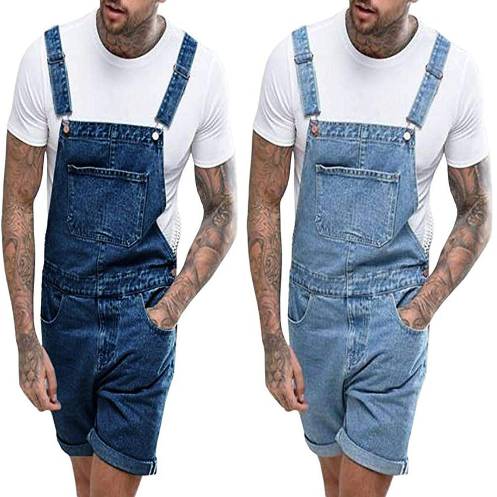 Retro Men's Denim With Hole Shorts One-piece Working Bib Top Pants