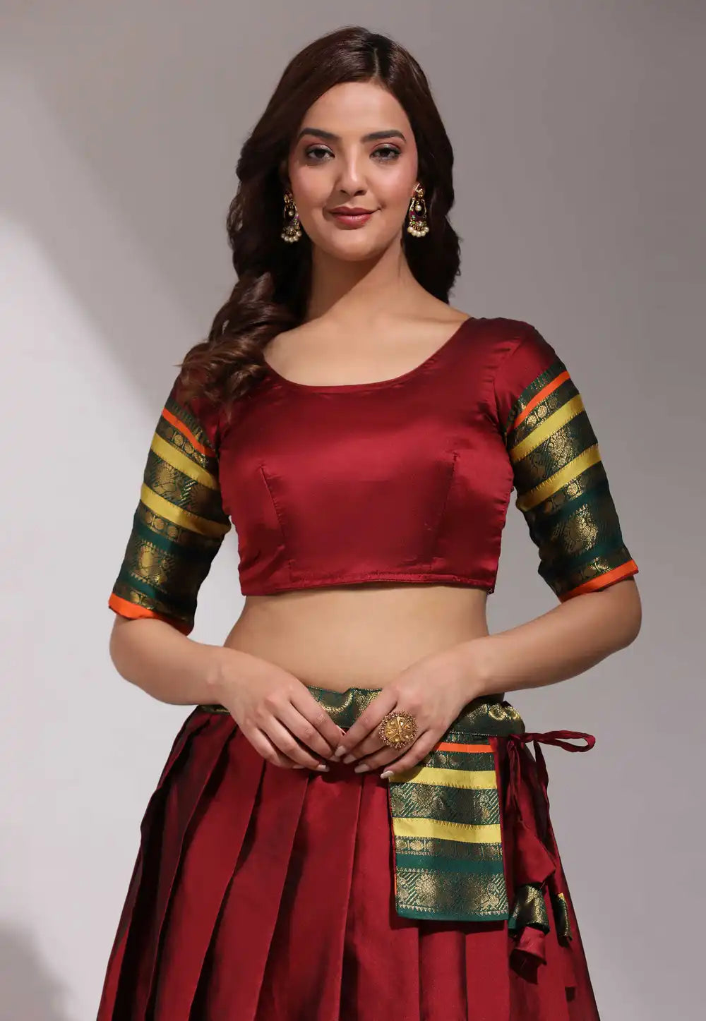 Maroon  Embroidered Litchi Silk Lehenga