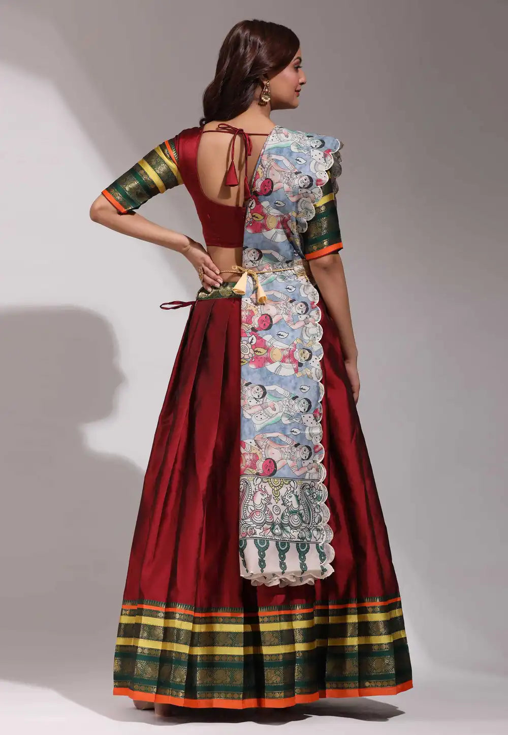 Maroon  Embroidered Litchi Silk Lehenga