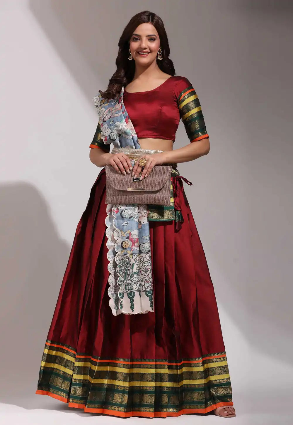 Maroon  Embroidered Litchi Silk Lehenga