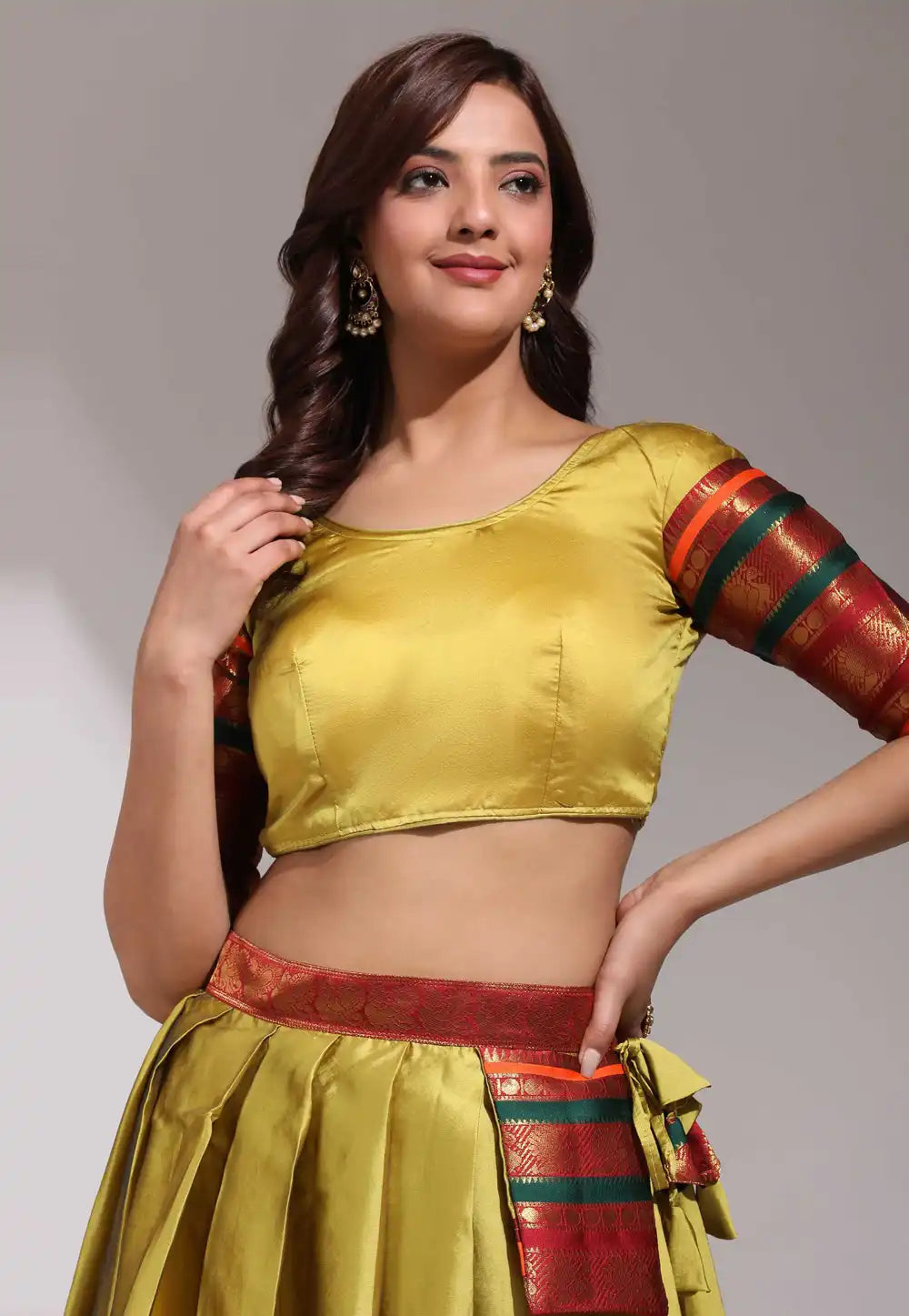 Mustard Embroidered Litchi Silk Lehenga