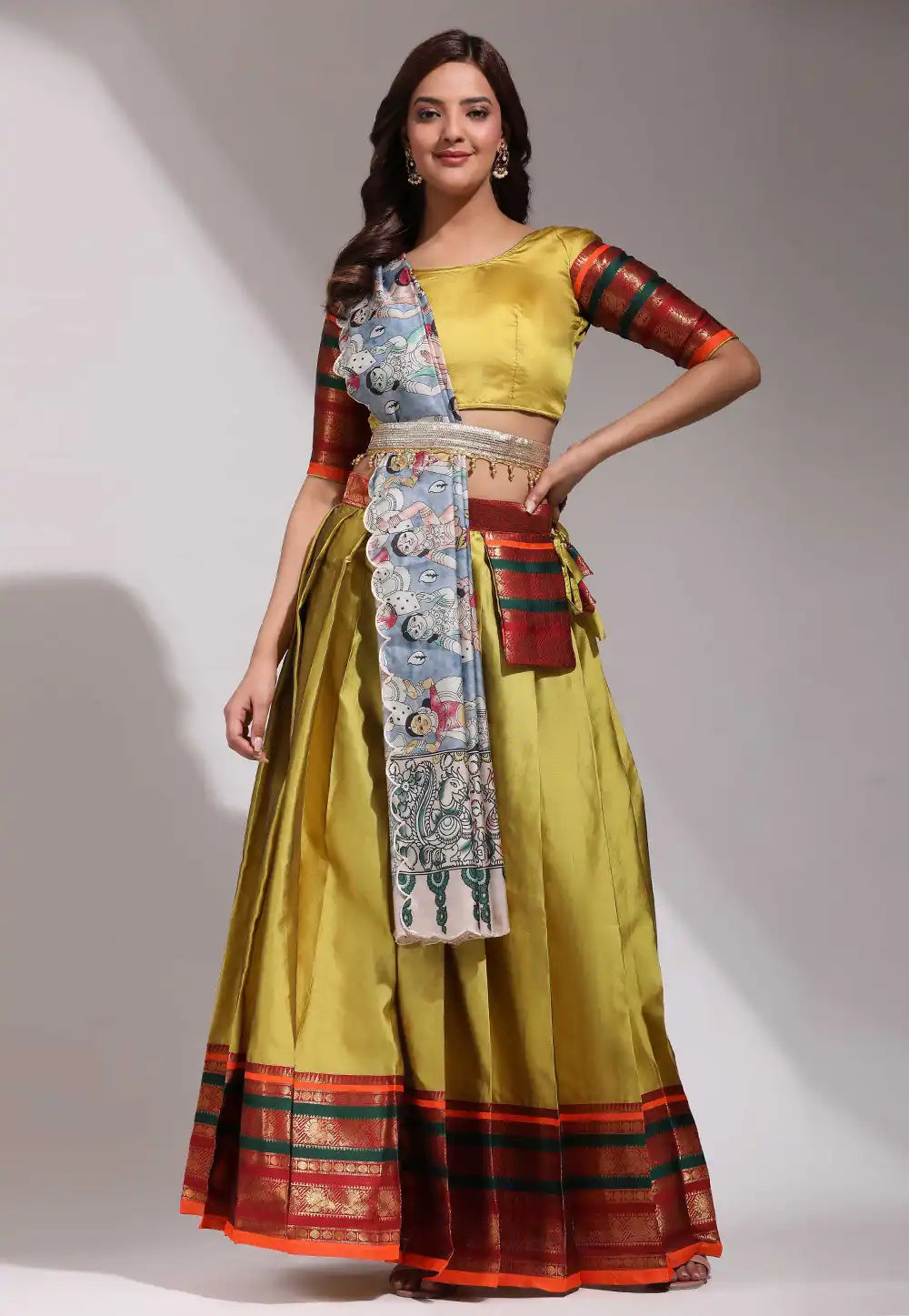 Mustard Embroidered Litchi Silk Lehenga