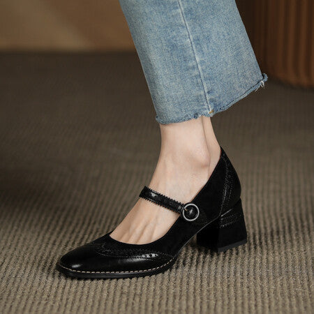 Square Toe Chunky Heel Vintage Engraving Mary Jane Shoes Women