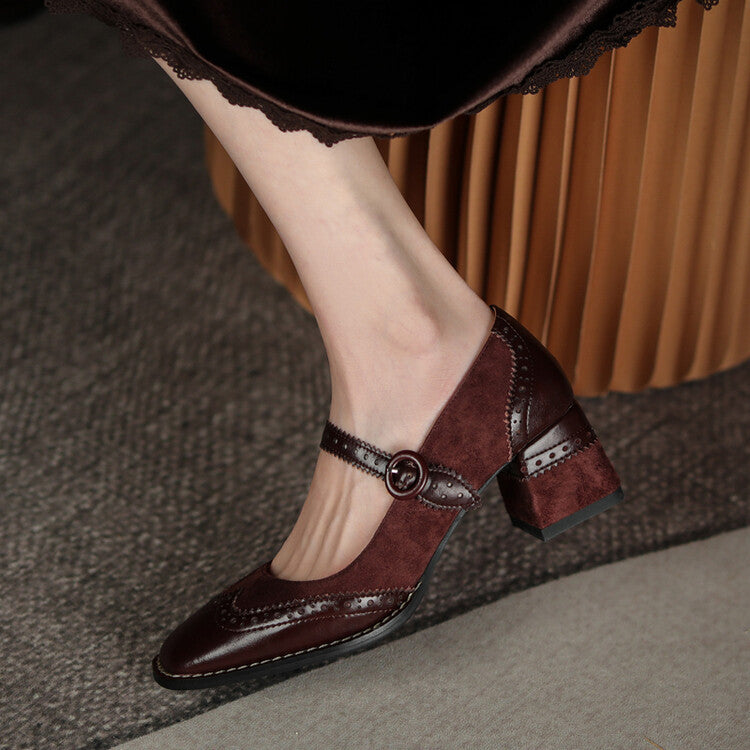 Square Toe Chunky Heel Vintage Engraving Mary Jane Shoes Women