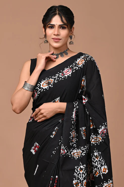 Jaipuri Printed Pure Cotton Mulmul Saree With Blouse Black