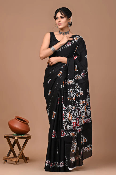 Jaipuri Printed Pure Cotton Mulmul Saree With Blouse Black