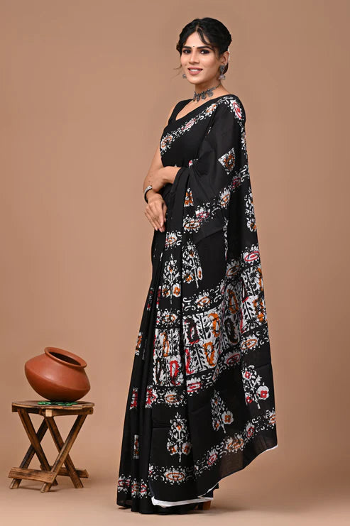 Jaipuri Printed Pure Cotton Mulmul Saree With Blouse Black