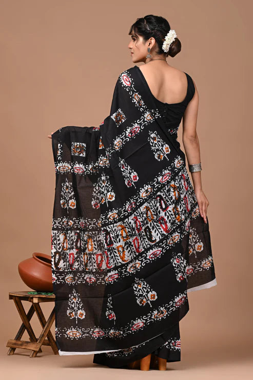 Jaipuri Printed Pure Cotton Mulmul Saree With Blouse Black