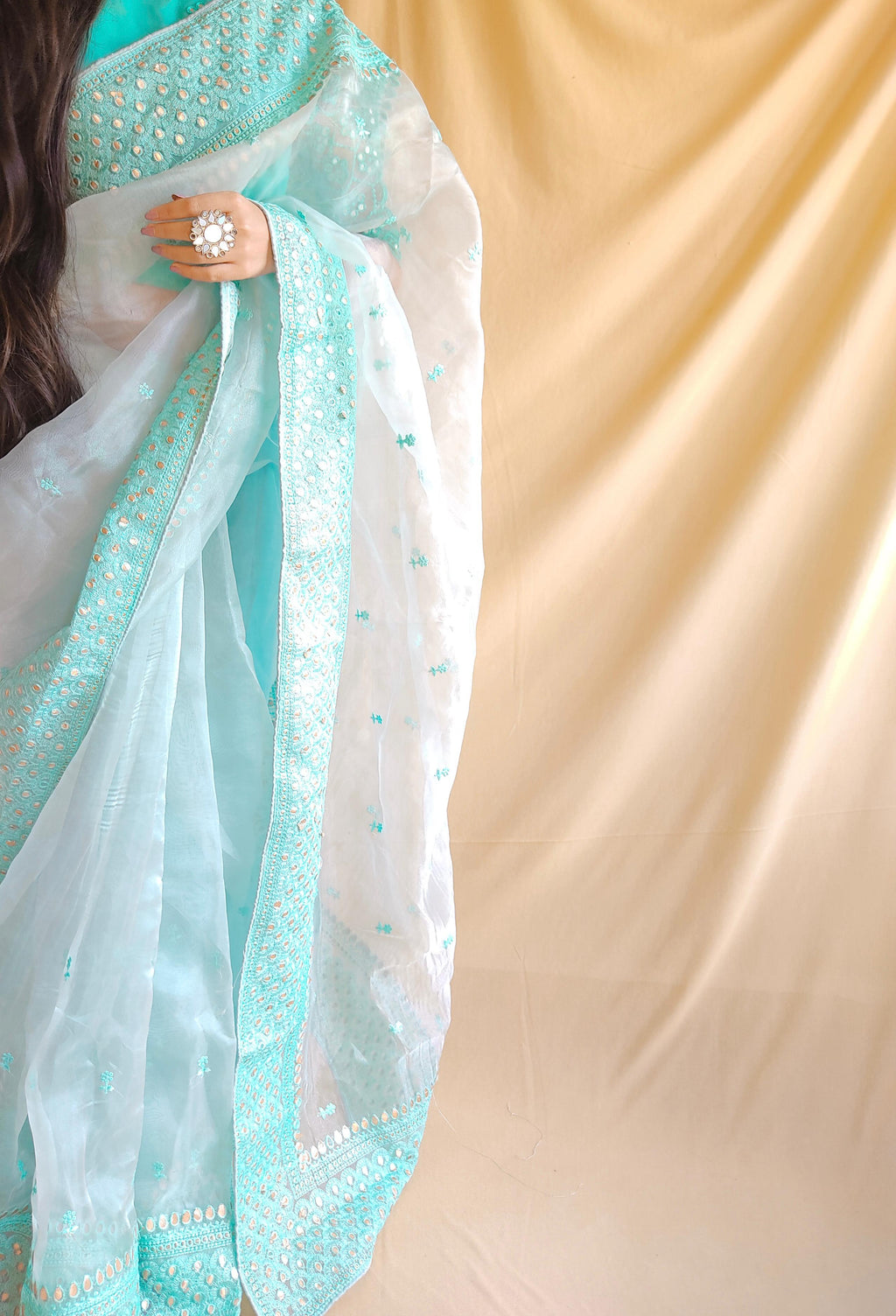 Semi-Pure Organza Saree with Foil Glass Work & Heavy Embroidery | Includes Matching Plain Silk Blouse