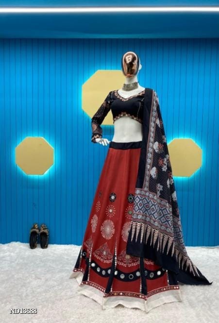 2024 Navratri Wear: Boutique Styles Rayon er Printed Lehenga Choli with Real glass Work and Dupatta