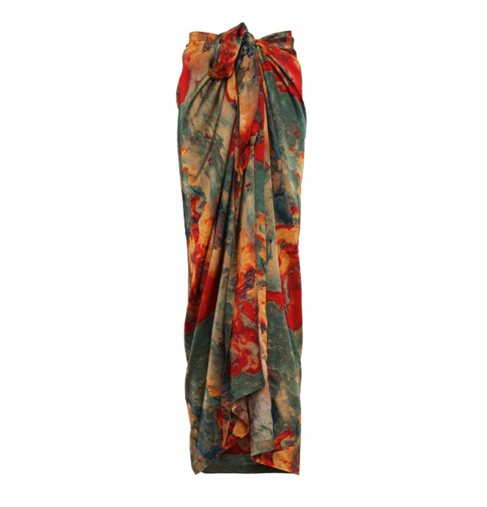 Vacation Style Oil Painting Printed Satin Long Skirt