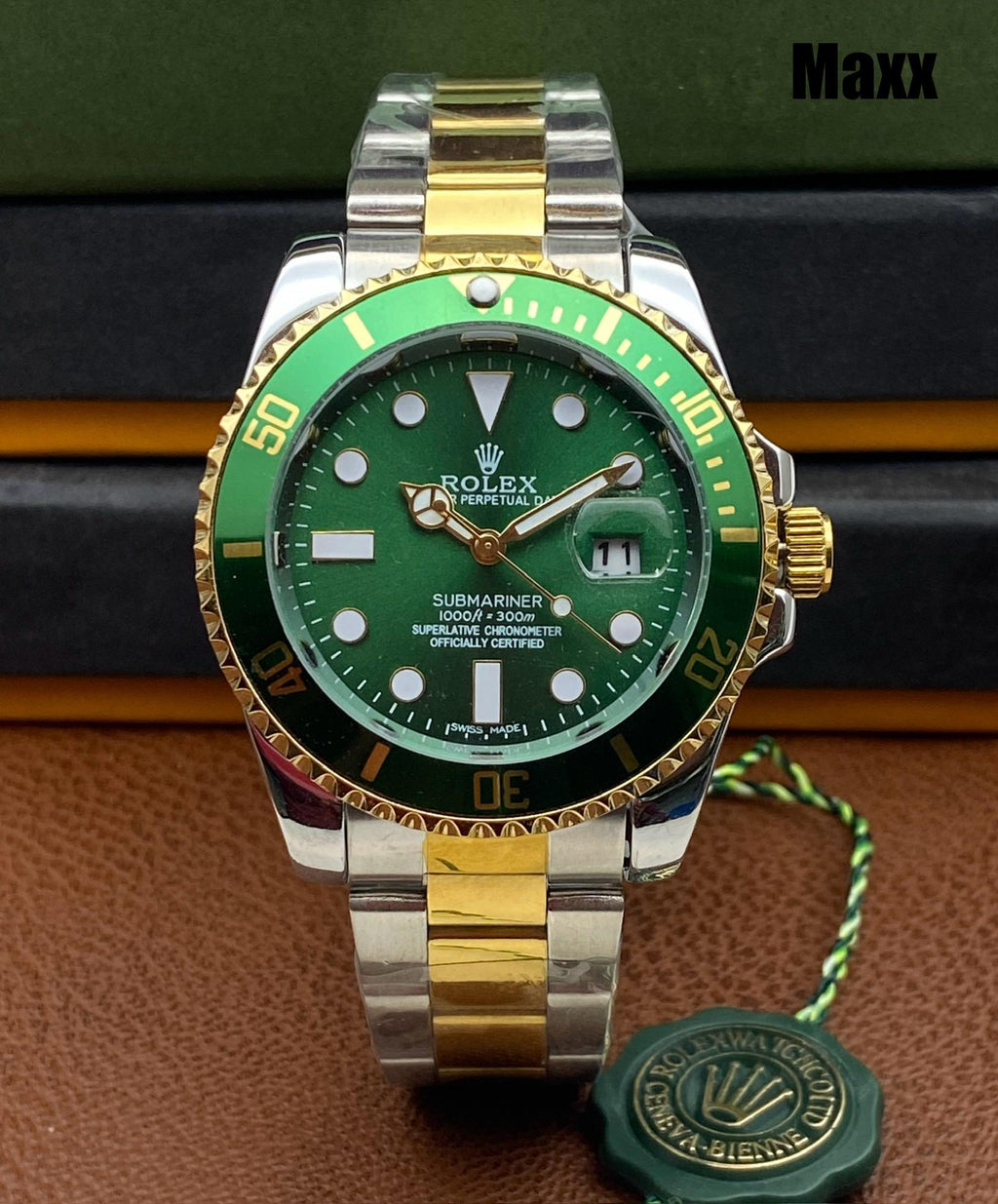 Rolex Submariner Watch for Men - Automatic with Date Function (Green Silver)