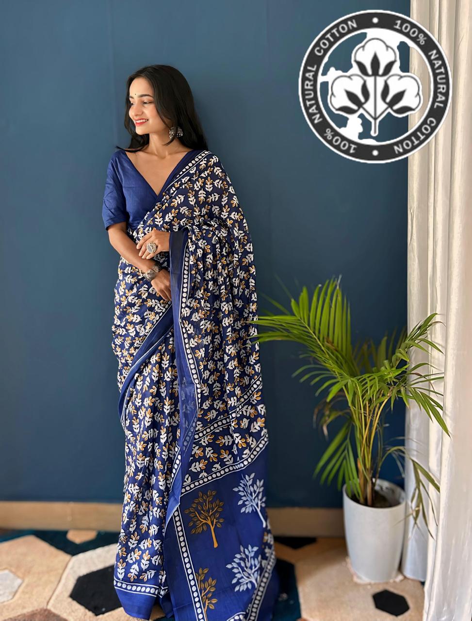 Women's er Pure Cotton Jaipur Hand Block Print Saree 1452