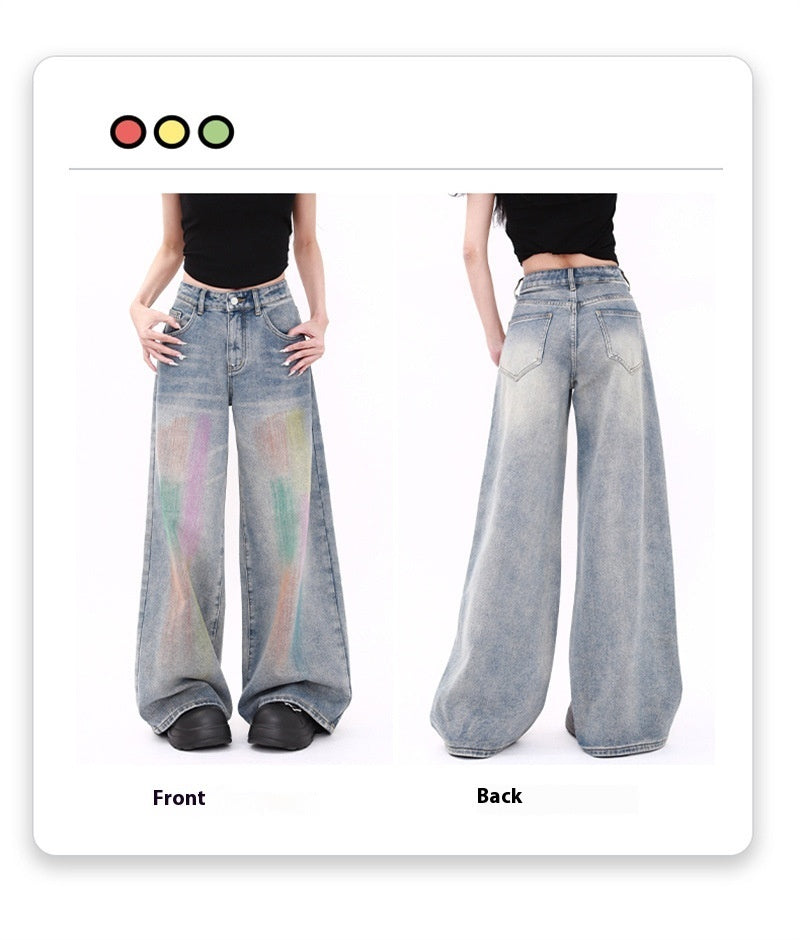 Colorful Fashion Casual Retro High Waist Loose Wide Legs Jeans