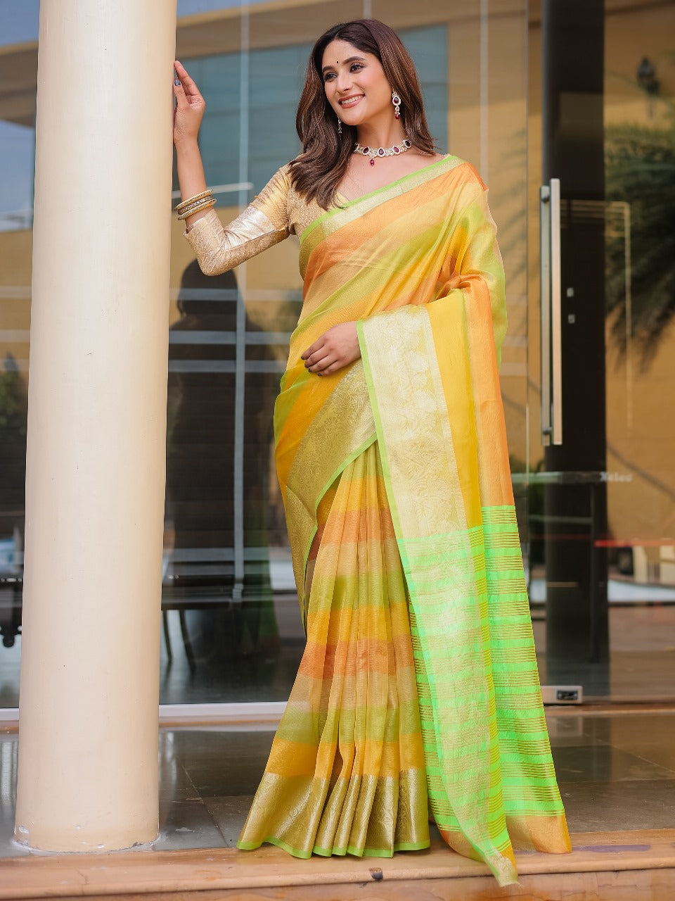 Banarasi Handloom Crush Saree with Pure Gold Zari Work - Elegant & Luxurious Greeny