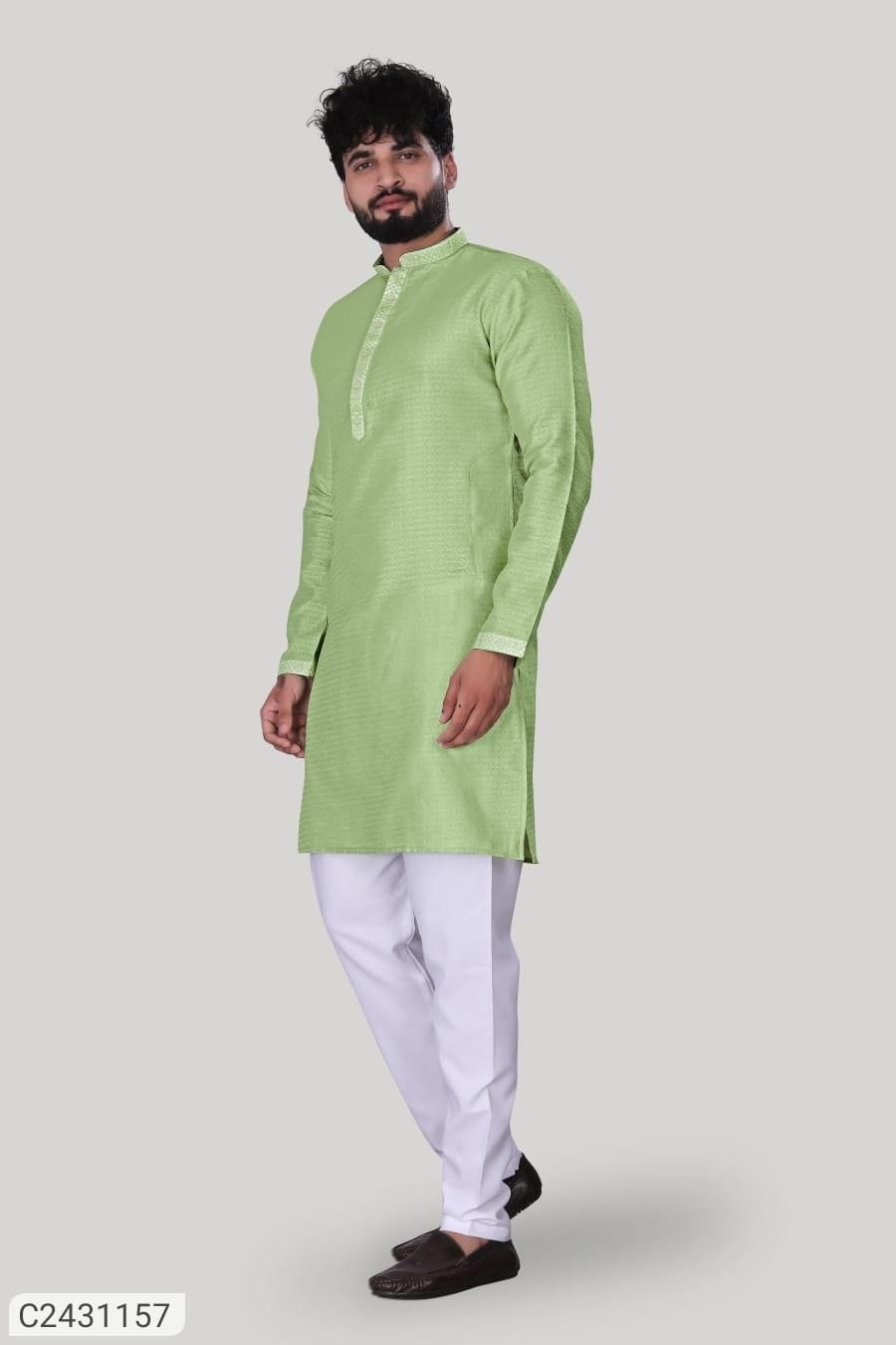 Men's Jacquard Solid Kurta Pyjama Set – Green