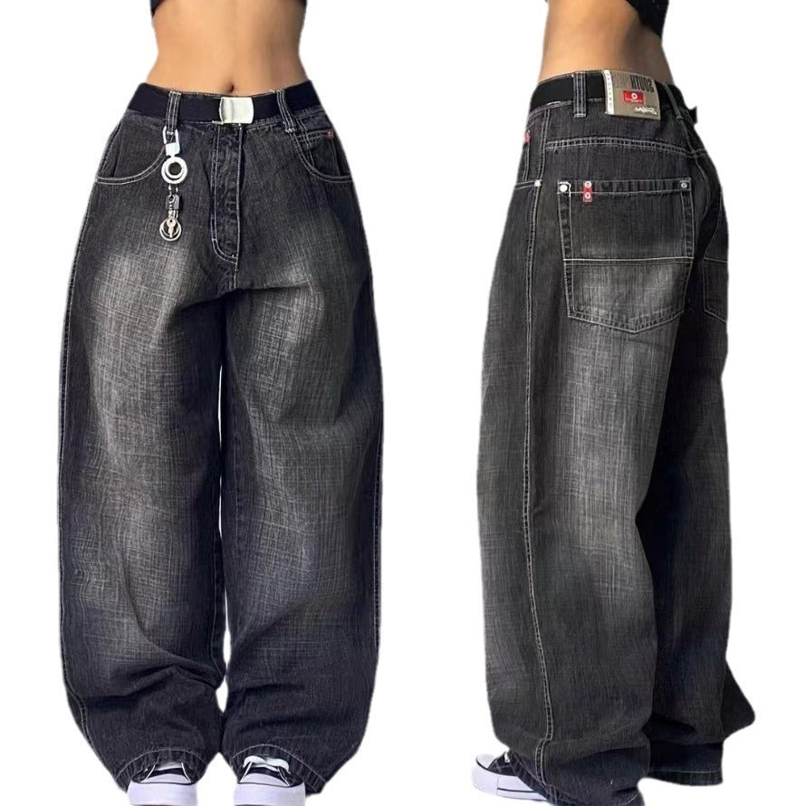 High Waist Retro Distressed Black Gray Wide-leg Jeans