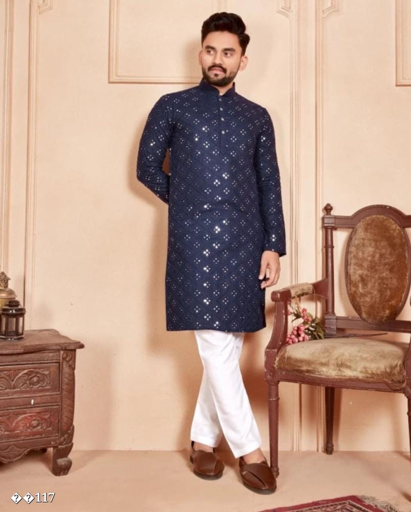 Kurta Pyjama Set for Men | Embroidered Cotton Silk Kurta | Straight Fit Solid