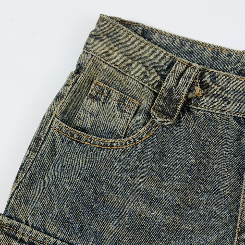 Punk Distressed Washed Denim Overalls Men