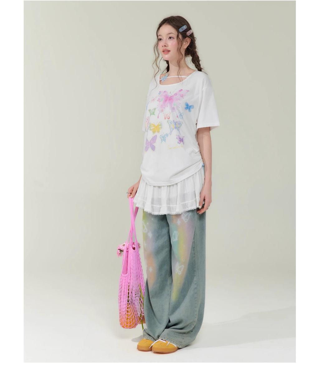 Retro Colorized Butterfly High Waist Wide Leg Straight Jeans